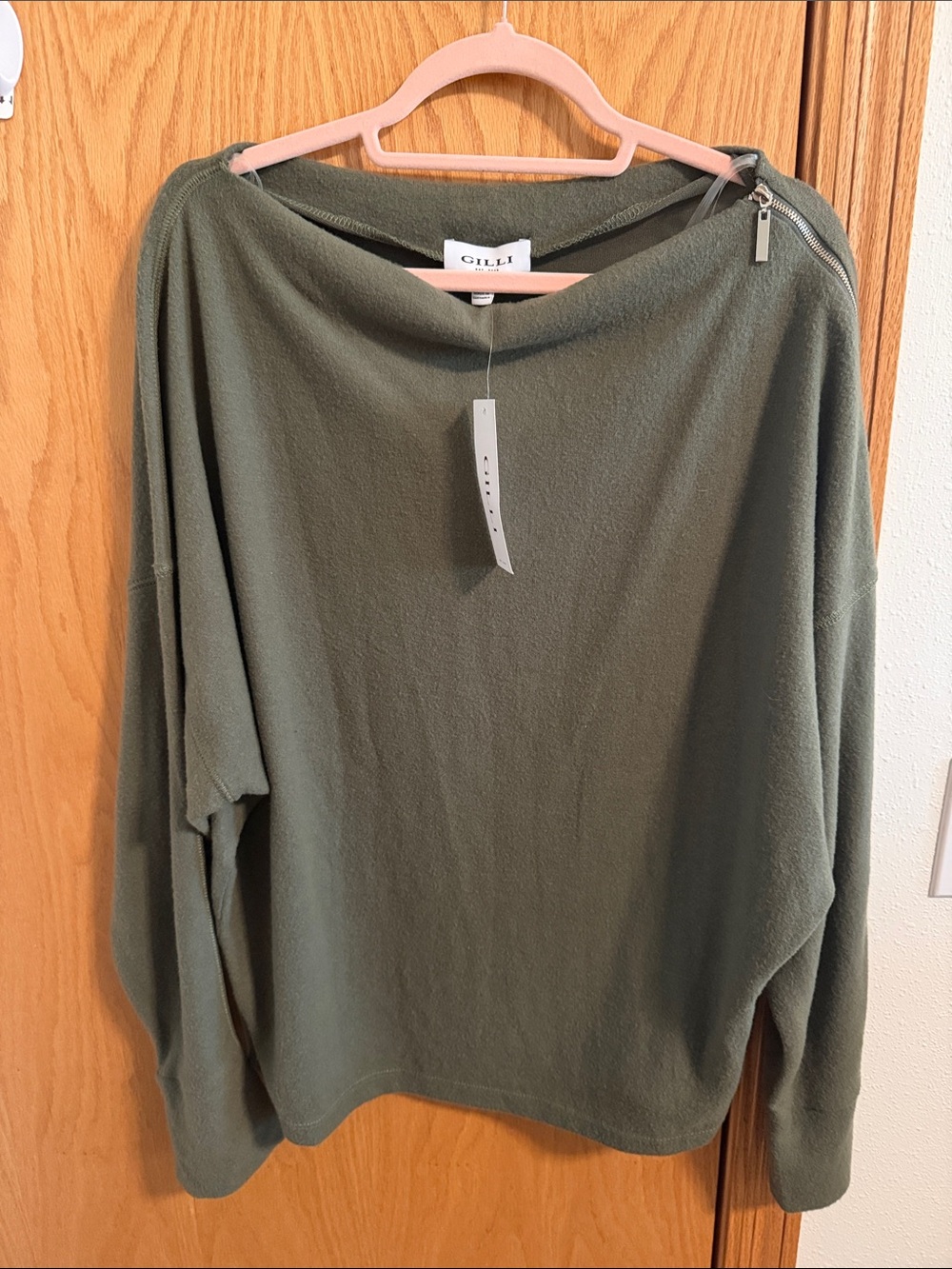 Gilli Olive Green Zip-Shoulder Cowl Sweater